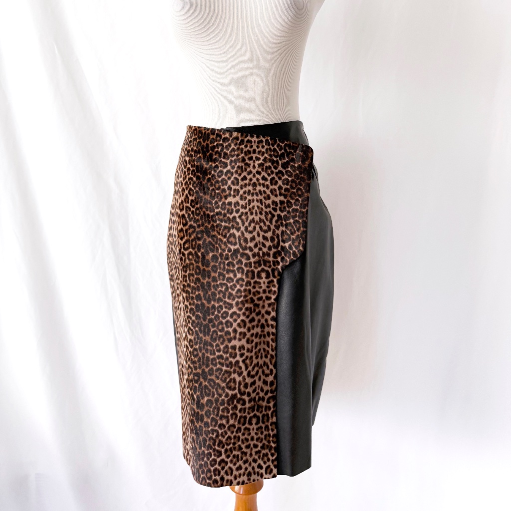 Leopard Print And Black Leather Skirt Wrap Skirt, 30" Waist Medium